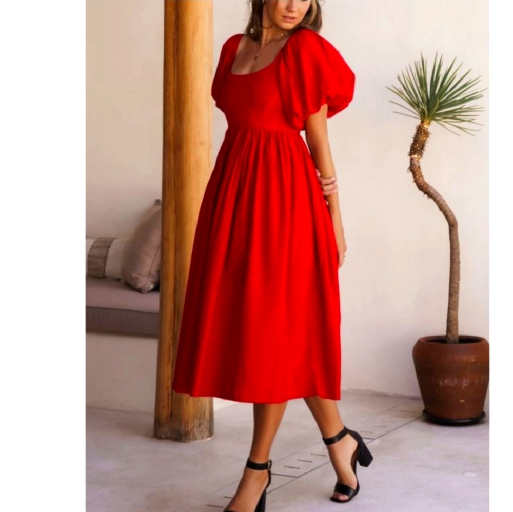Red puff sleeve midi dress.